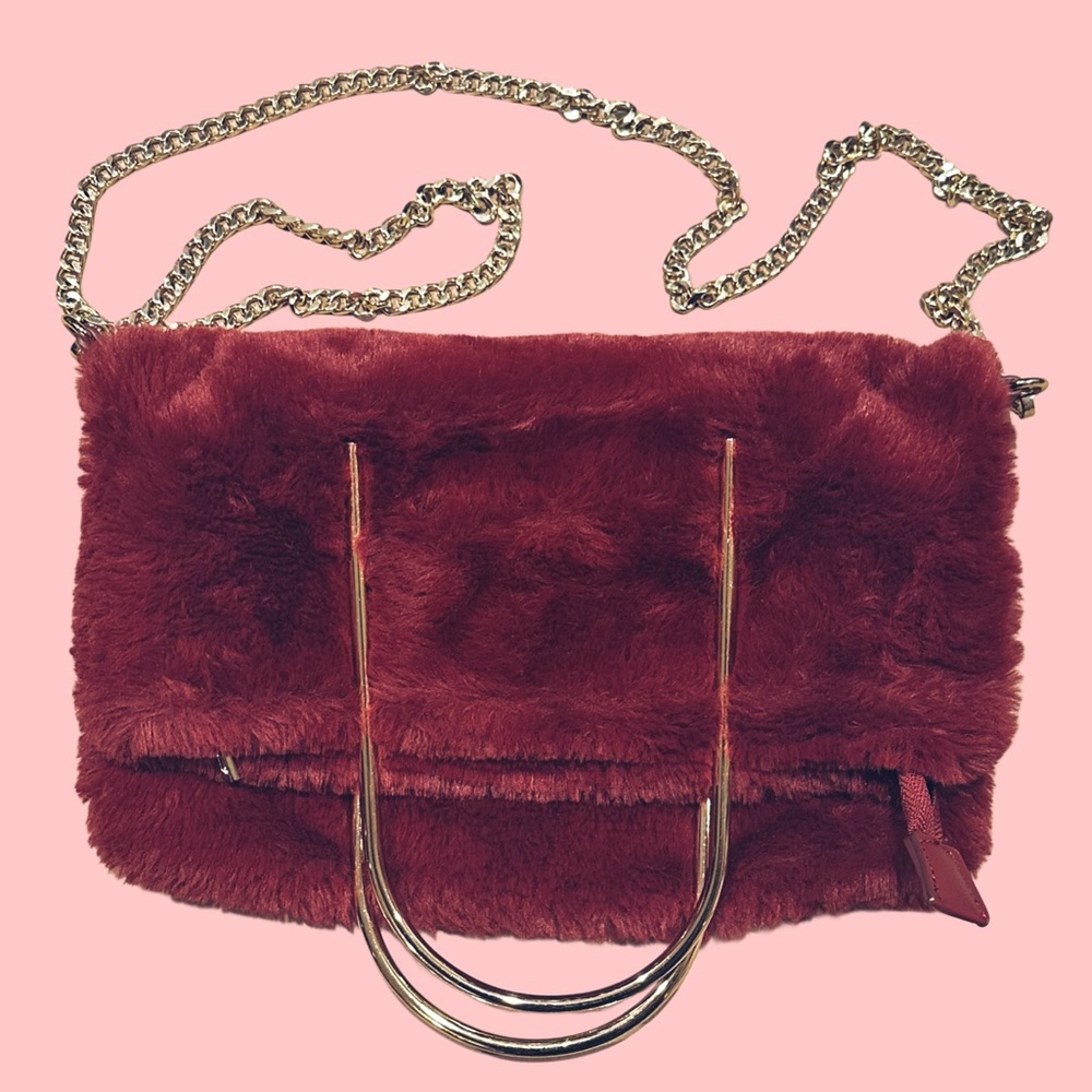 [ 2 FOR $35 ] PRETTY FAUX FUR BURGUNDY RED ADJUSTABLE CROSSBODY BAG